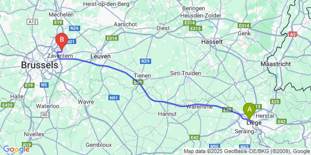 Map: Brussels Zaventem Airport (BRU) to Glain