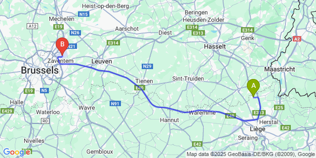 Map: Brussels Zaventem Airport (BRU) to Glons