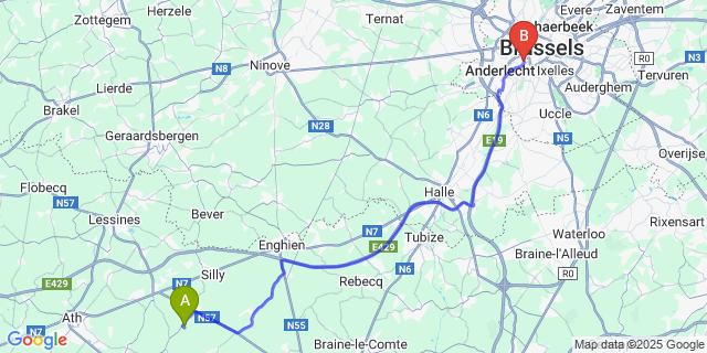 Map: Brussels Midi Train Station to Gondregnies