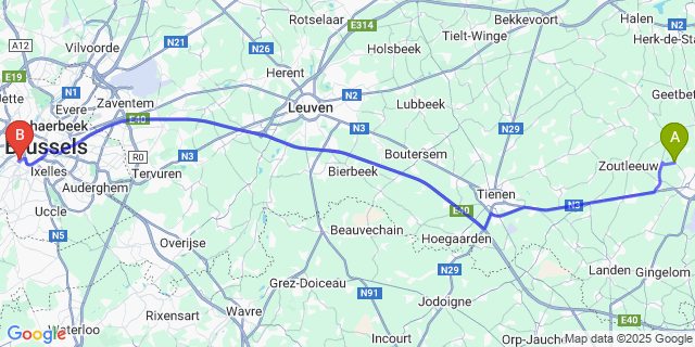 Map: Brussels Midi Train Station to Gorsem