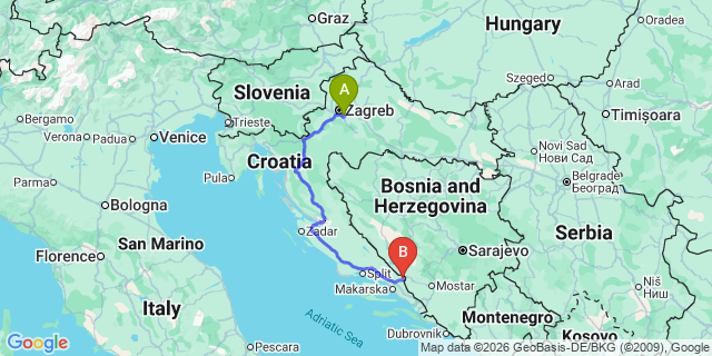 Map: Zagreb Airport (ZAG) to Imotski
