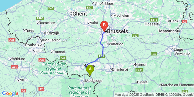 Map: Brussels Midi Train Station to Grand-Reng