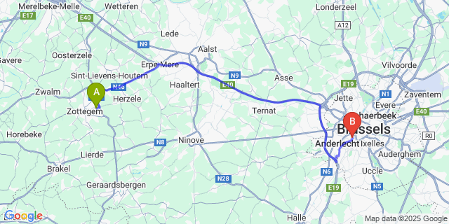 Map: Brussels Midi Train Station to Grotenberge