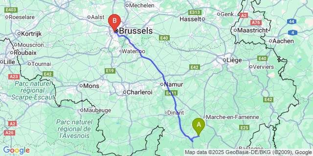 Map: Brussels Midi Train Station to Grupont