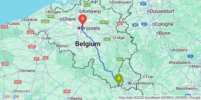 Map: Brussels Zaventem Airport (BRU) to Halanzy