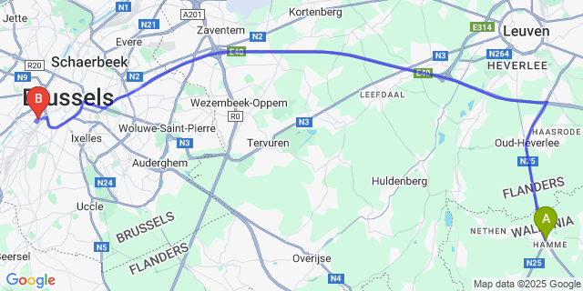 Map: Brussels Midi Train Station to Hamme-Mille