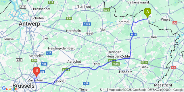 Map: Brussels Zaventem Airport (BRU) to Hamont