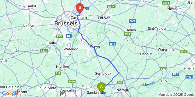 Map: Brussels Zaventem Airport (BRU) to Ham-Sur-Sambre
