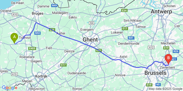 Map: Brussels Zaventem Airport (BRU) to Handzame