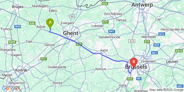 Map: Brussels Midi Train Station to Hansbeke