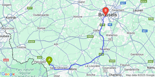 Map: Brussels Midi Train Station to Harchies