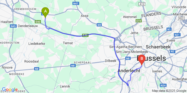 Map: Brussels Midi Train Station to Hekelgem