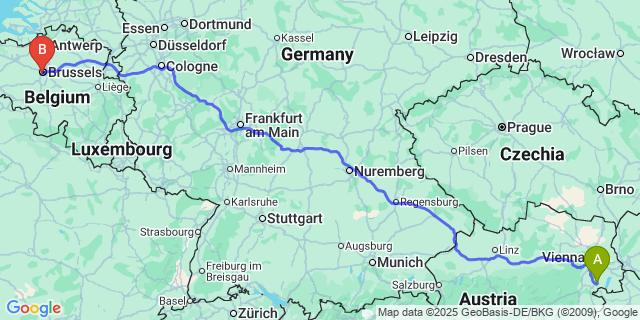 Map: Brussels Midi Train Station to Henis