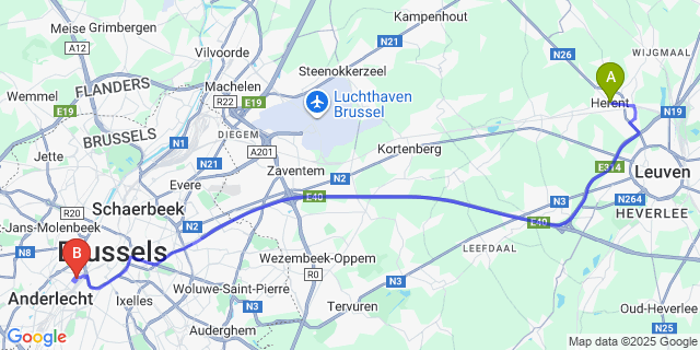 Map: Brussels Midi Train Station to Herent