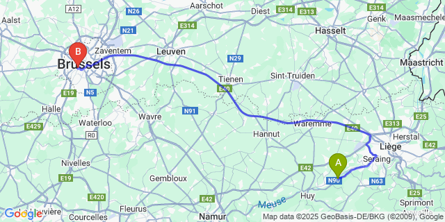 Map: Brussels Midi Train Station to Hermalle-Sous-Huy
