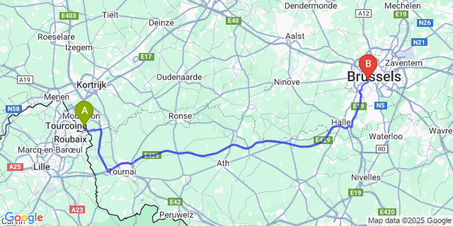 Map: Brussels Midi Train Station to Herseaux