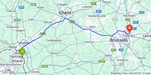 Map: Brussels Zaventem Airport (BRU) to Herseaux