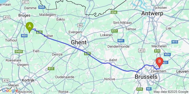 Map: Brussels Zaventem Airport (BRU) to Hertsberge