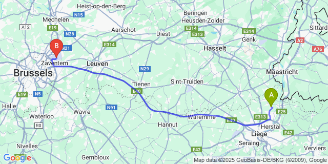 Map: Brussels Zaventem Airport (BRU) to Heure-Le-Romain