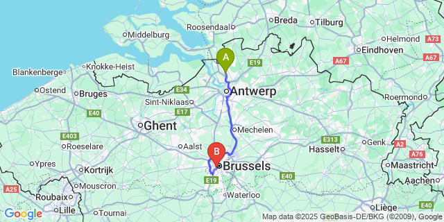 Map: Brussels Midi Train Station to Hoevenen