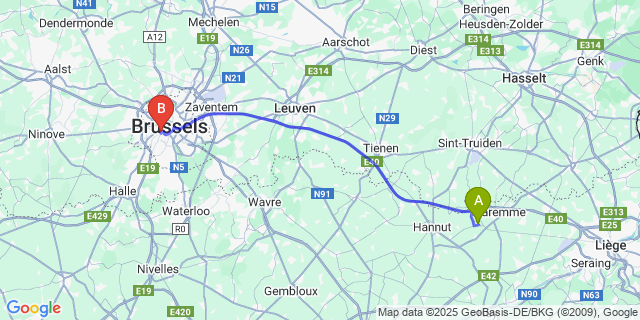 Map: Brussels Midi Train Station to Hollogne-Sur-Geer