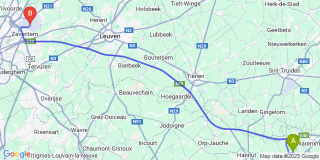 Map: Brussels Zaventem Airport (BRU) to Hollogne-Sur-Geer