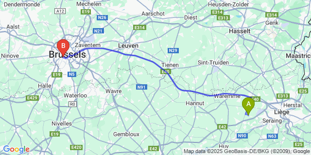 Map: Brussels Midi Train Station to Horion-Hozémont