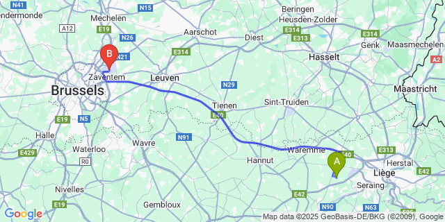 Map: Brussels Zaventem Airport (BRU) to Horion-Hozémont