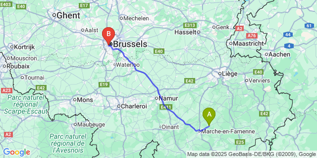 Map: Brussels Midi Train Station to Hotton