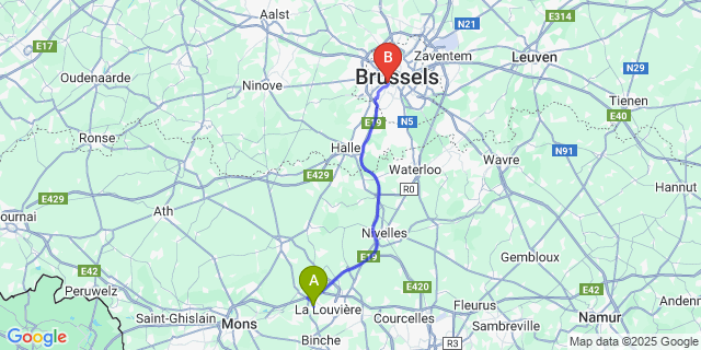Map: Brussels Midi Train Station to Houdeng-Aimeries