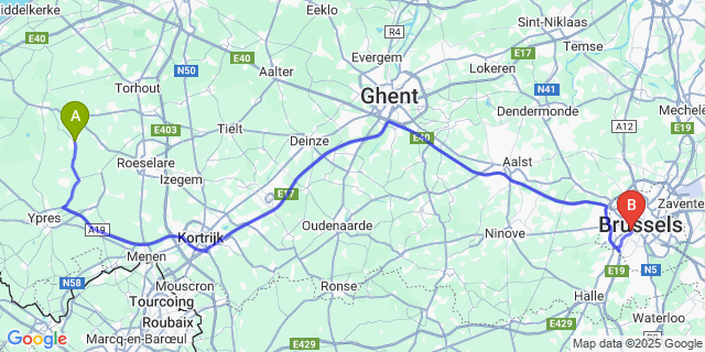 Map: Brussels Midi Train Station to Houthulst
