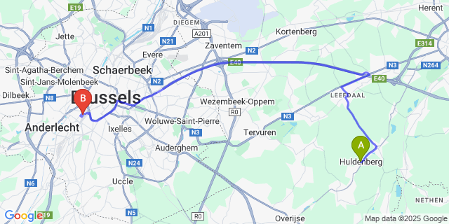 Map: Brussels Midi Train Station to Huldenberg