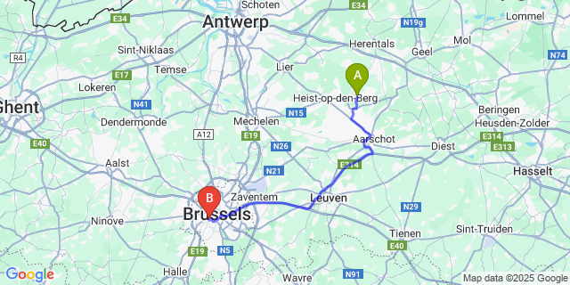 Map: Brussels Midi Train Station to Hulshout