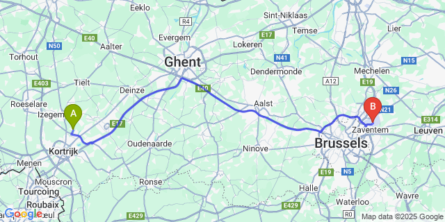 Map: Brussels Zaventem Airport (BRU) to Hulste