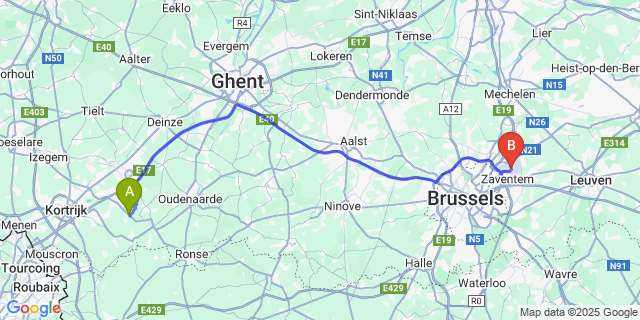 Map: Brussels Zaventem Airport (BRU) to Ingooigem