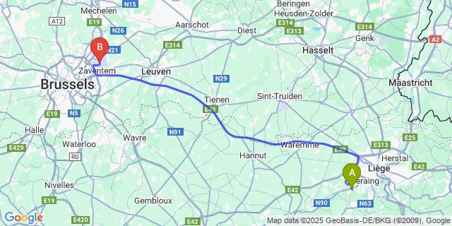 Map: Brussels Zaventem Airport (BRU) to Ivoz-Ramet