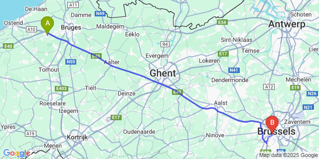 Map: Brussels Midi Train Station to Jabbeke
