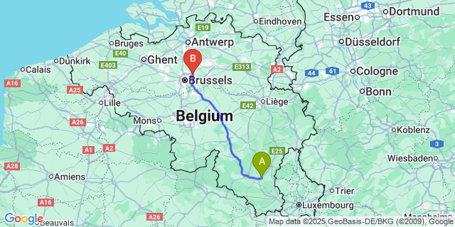 Map: Brussels Zaventem Airport (BRU) to Juseret