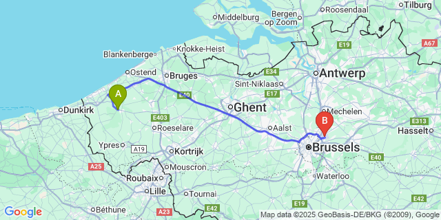 Map: Brussels Zaventem Airport (BRU) to Kaaskerke