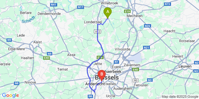 Map: Brussels Midi Train Station to Kapelle-op-den-Bos