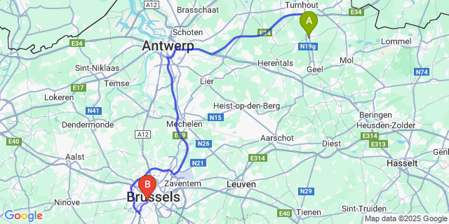 Map: Brussels Midi Train Station to Kasterlee