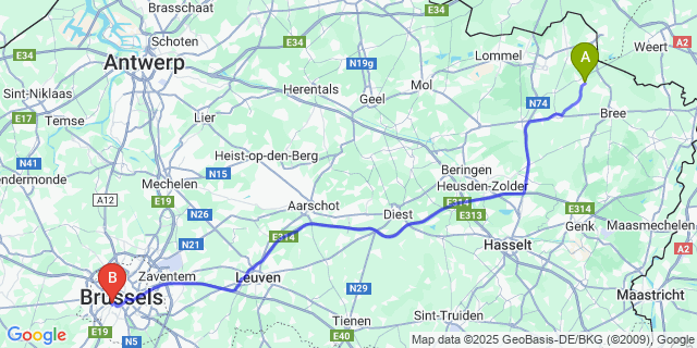 Map: Brussels Midi Train Station to Kaulille