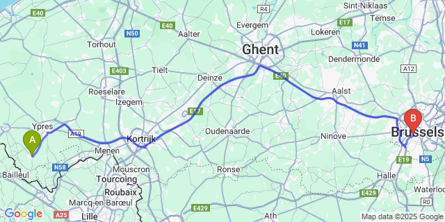 Map: Brussels Midi Train Station to Kemmel