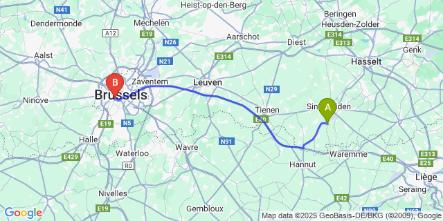 Map: Brussels Midi Train Station to Kerkom-bij-Sint-Truiden