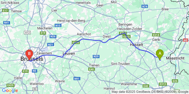 Map: Brussels Midi Train Station to Kleine-Spouwen
