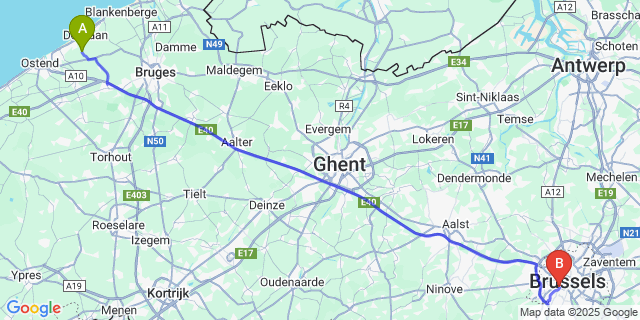 Map: Brussels Midi Train Station to Klemskerke