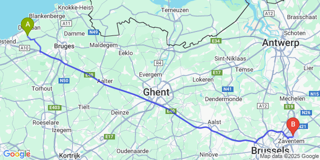 Map: Brussels Zaventem Airport (BRU) to Klemskerke