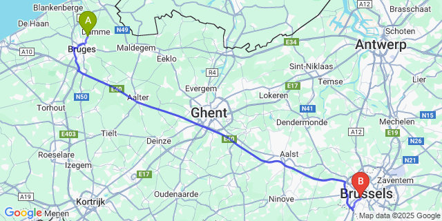 Map: Brussels Midi Train Station to Koolkerke