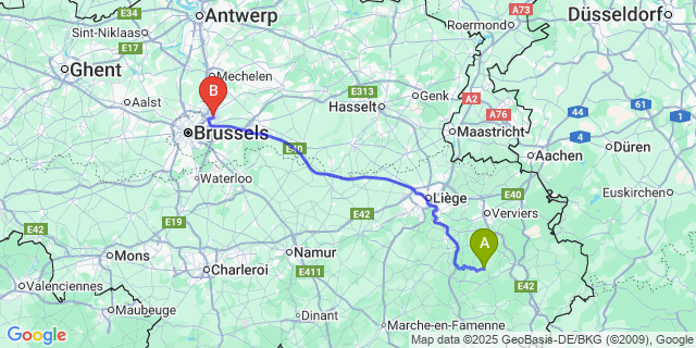 Map: Brussels Zaventem Airport (BRU) to La Gleize