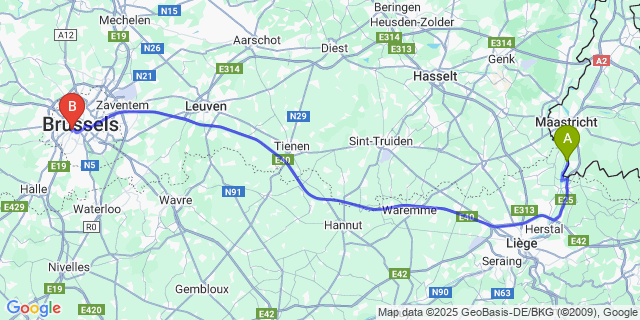 Map: Brussels Midi Train Station to Lanaye